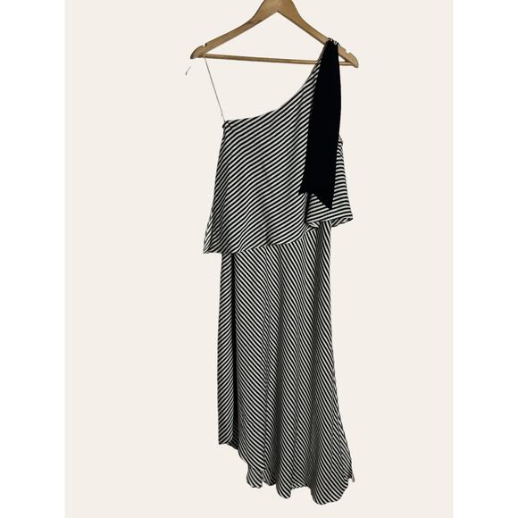 Halston Heritage Black White Striped Asymmetrical One Shoulder Midi Dress  XS - Picture 2 of 12